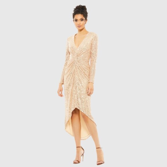 NWT Mac Duggal Sequined High Low Front Twist Midi Dress Rose Gold 10 #8295
